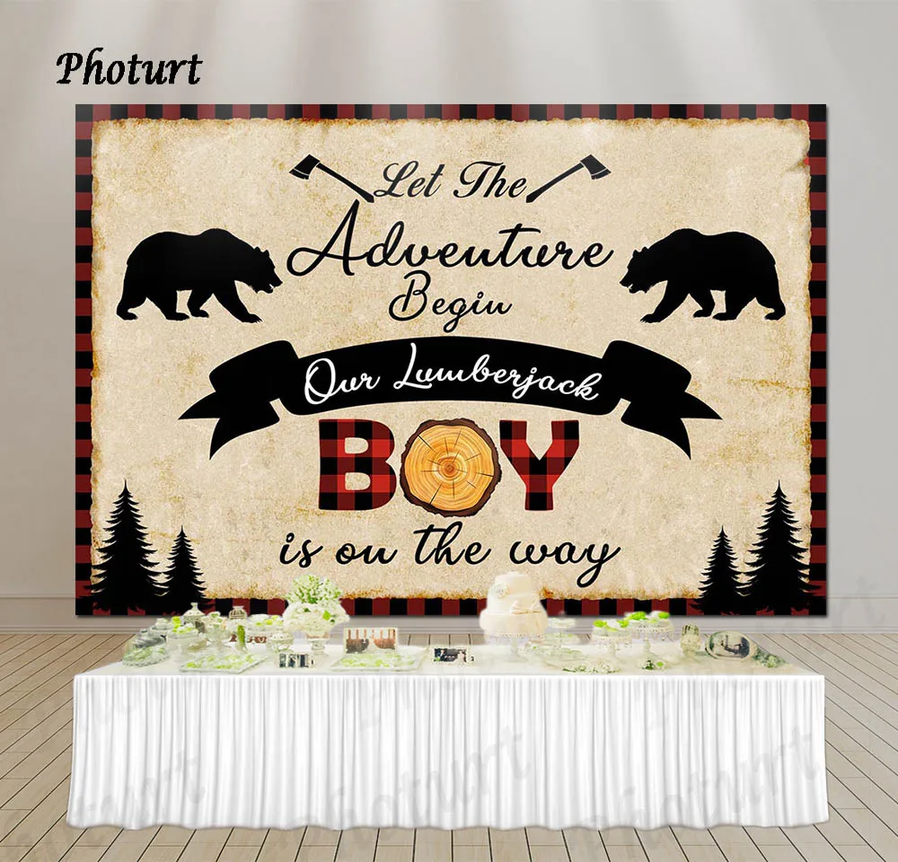 PHOTURT Custom Lumberjack Backdrop Baby Shower Birthday Photography Banner Wild Bear Photo Background Polyester Vinyl Props