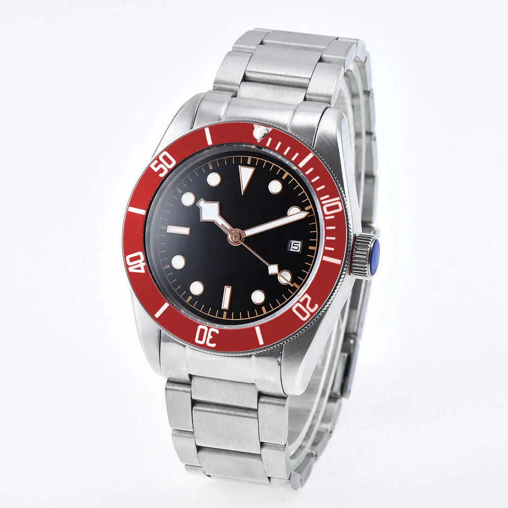 No Logo 41mm NH35 Mens WristWatches Red Bezel Miyota8215 Automatic Movement 316L SS Case Bands Sapphire Swim Waterproof Luminous