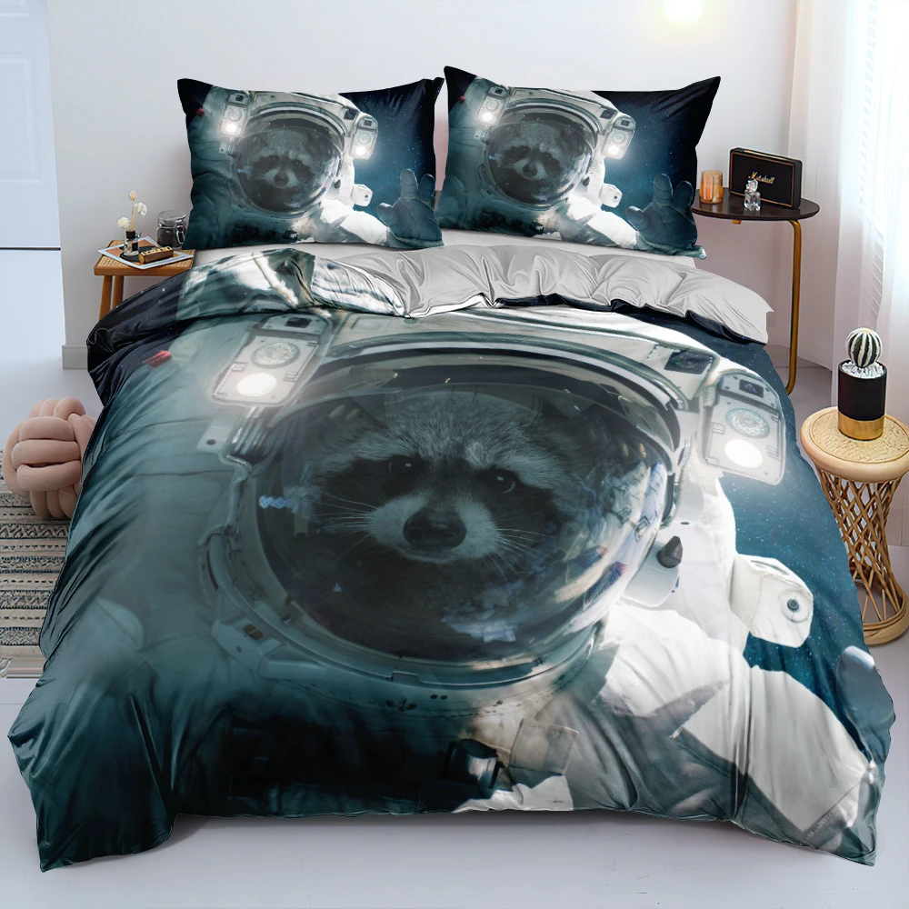 3D Raccon Astronaut Bedding Set Quilt/Duvet Cover Set Twin Queen King Size 265x230cm Bed Linen for Children Adults Custom Design