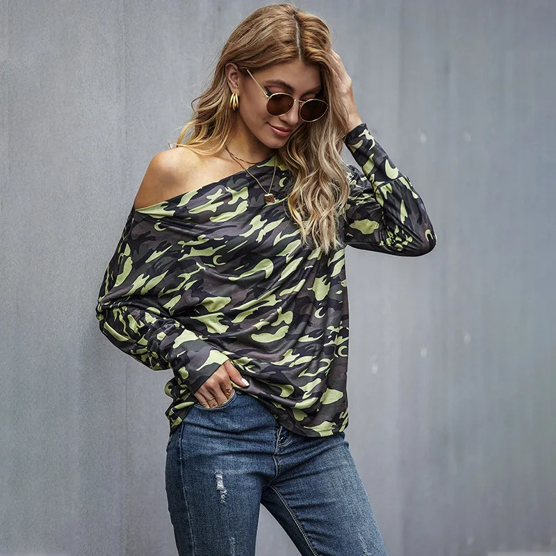 Womens Off-shoulder T-shirts Fashion Camouflage Knit Loose Bottoming Shirt  Fall Winter Long Sleeve Casual Women T-shirt Tops