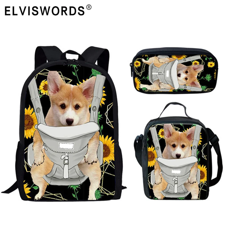 

ELVISWORDS Fashion School Bags for Kids Girls Boys Animal Corgi Baby Black Children School Backpack Casual Book Bags Mochila