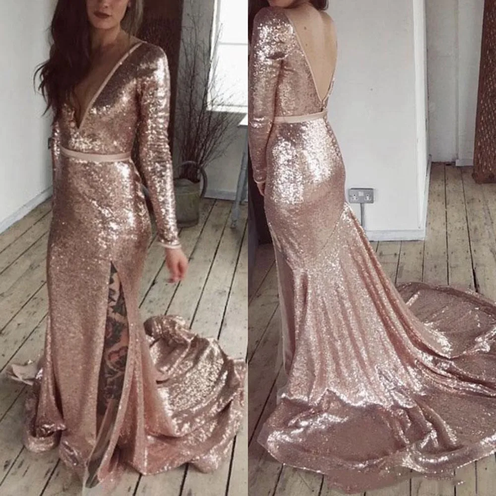 Robe de soirée de forme sirène en paillettes or Rose, col en V profond, manches longues, fente latérale, Sexy, dos nu, tenue de soirée formelle, 2022