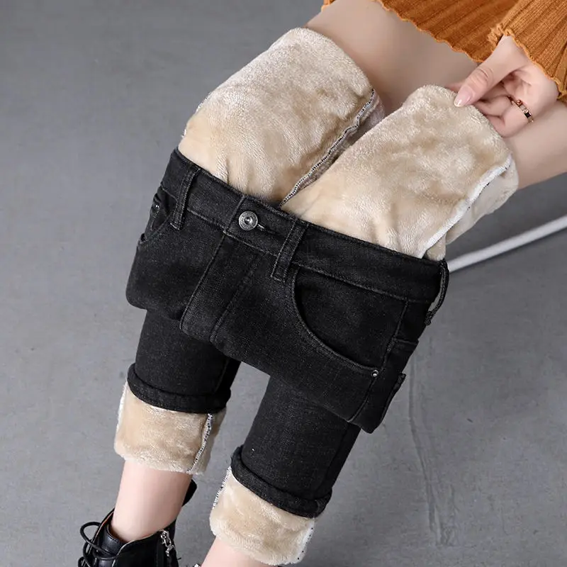 Women's Thick Warm Skinny Jeans, High Waist, Velvet Denim Pants, Streetwear, Stretch Trousers, Winter, 2024