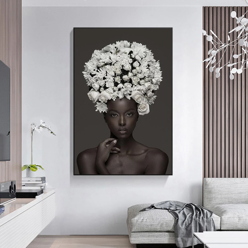 

HD Flowers on Head Canvas Paintings Wall Art Nordic African Woman Posters And Prints For Living Room Modern Home Decor Cuadros