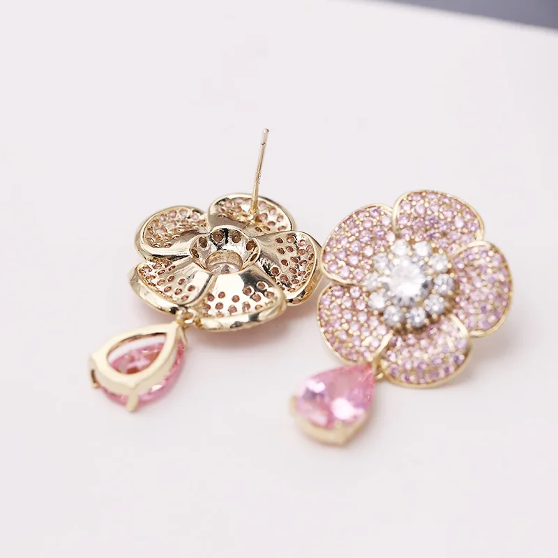 FXLRY fashion sweet micro-inlaid Cubic Zirconia flower earring Pink zircon earring for Women Wedding Party Jewelry
