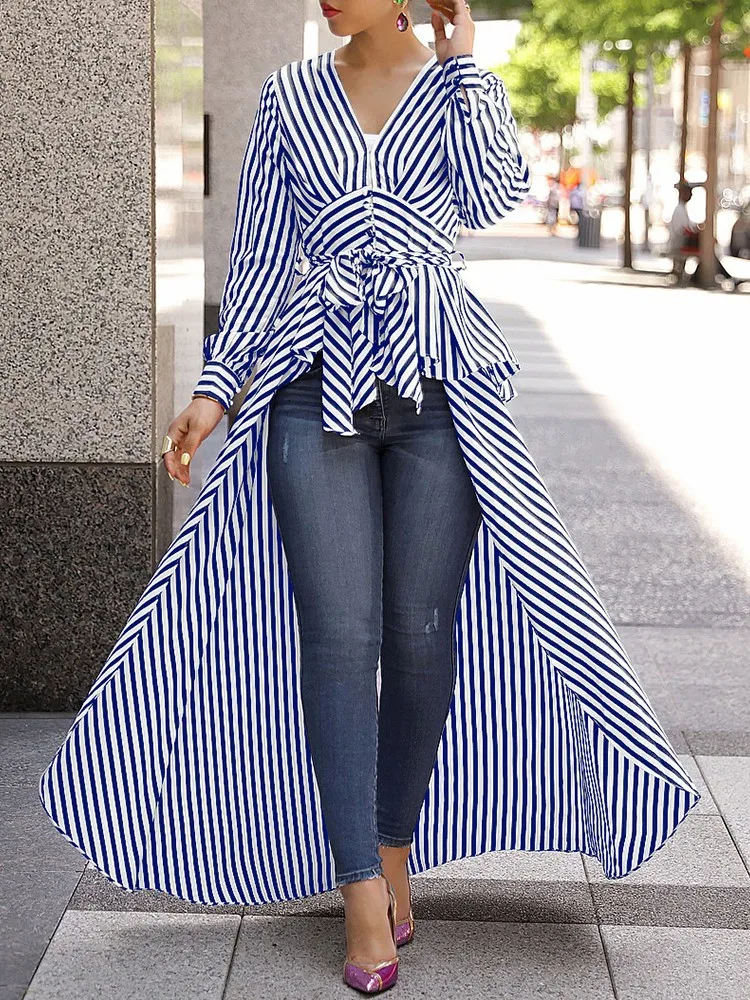 Fashion Women Stripe Long Sleeve Blouse Shirt V-Neck Maxi Dress Tunic Casual Long Tops Business office lady Dress