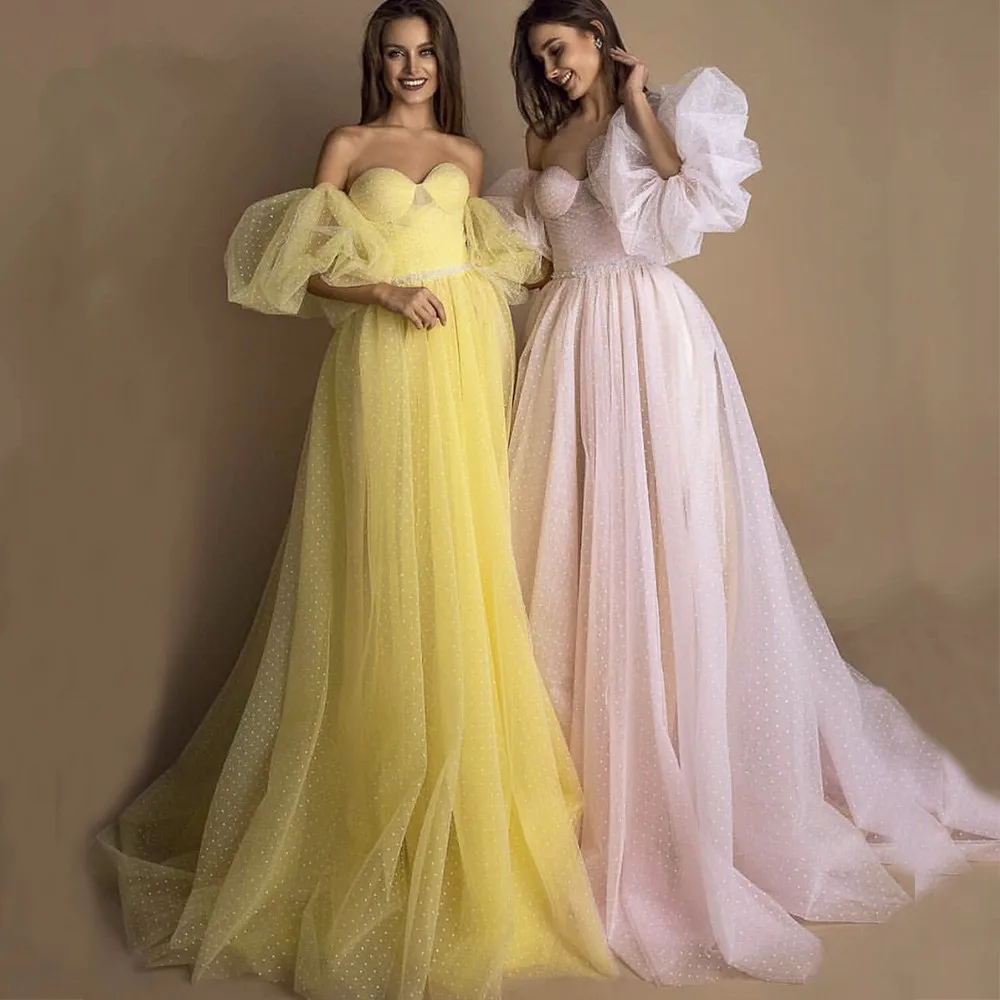 สีเหลืองสดใสพรหมชุด2021สีชมพู Dot Tulle A-Line ชุดพรรคยาวอย่างเป็นทางการหลังแขน Elegant Dresses Robes De Soirée