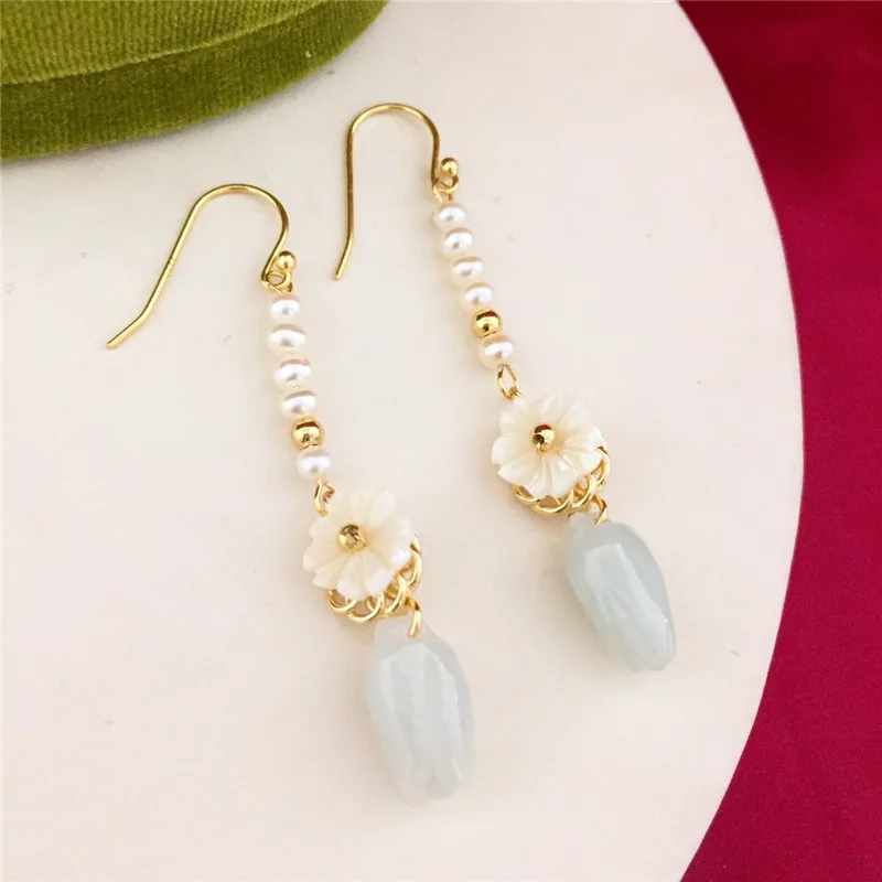 

2019 Chinese style Bohemia Stereo flower Statement Dangle Earrings women brand shell Mussel Pearl Dangle earrings Brincos