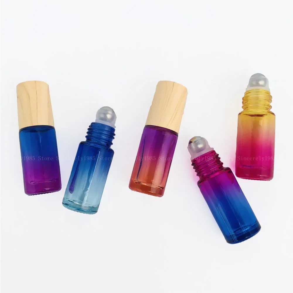 5PCS 5ML Gradient Color Glass Essential Oil Roller Bottle Perfume Metal Roller Ball with Bamboo Cap, Wood Grain Cap, Silver Cap