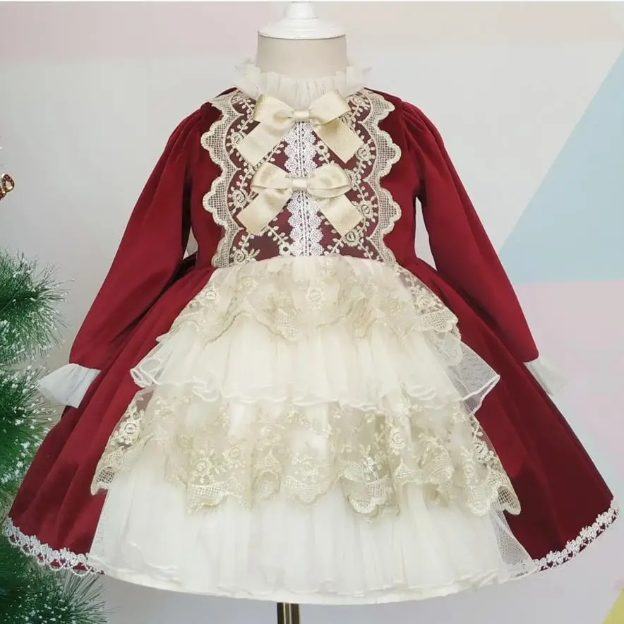 

Baby girl vintage Spanish lolita velvet princess dress kids lace stitching birthday party ball gown dress