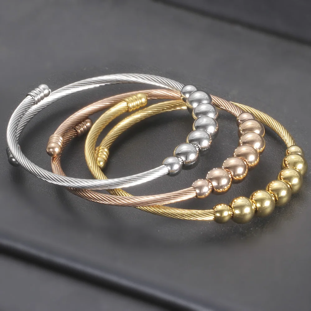 Fashion 8mm Beads Stainless steel Cable stretch Beaded Jewelry Bangle Charm Bracelets High Quality Bracelet For Women