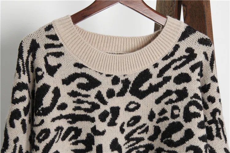 2019 Women's Fashion Leopard Knit Sweater O-neck Female Casual Keep Warm Oversized Pullover Ladies Sweet Thick Sweater