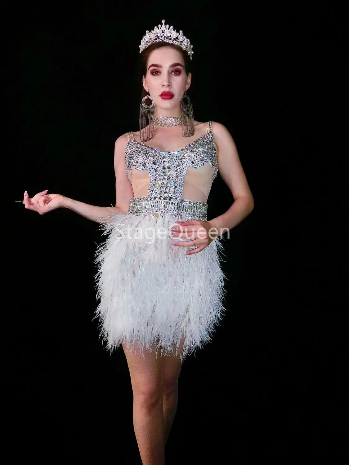 Silver Rhinestones Transparent White Feather Dress Dance Celebrate Dress Outfit Women's Birthday Bar Prom Party DS DJ Dress