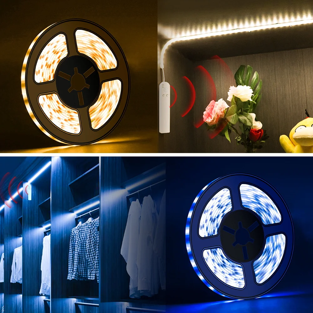 Motion Sensor LED Strip Battery Light 2835 SMD DC5V Waterproof Flexible LED Diode Tape 60LEDs/m 5M LED Strip For Home Decoration