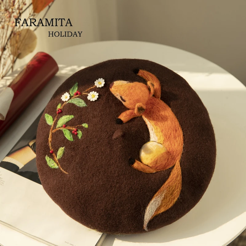 Faramita Holiday 3D Little Fox Women Forest Vines Branch Bud Cute Kids Painter Hats Wool Felt Handmade Berets Beret Hat Caps