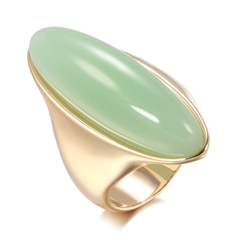 Kinel Luxury Green Natural Stone Ring for Women Big Glossy 585 Rose Gold Bride Ring Fine Vintage Wedding Jewelry