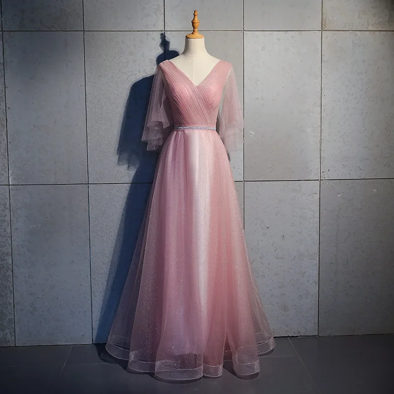 

Pink Evening Dresses Elegant A-line Women Mesh Dress Short Sleeve V-neck Evening Gown Robe