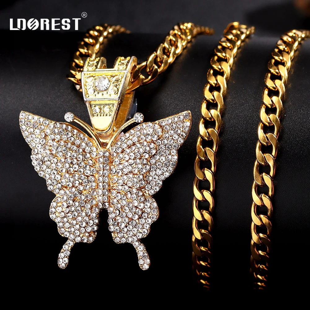 Stainless Steel/Zircon Chian Necklace 3D Big Butterfly Pendant Choker Rope Chain Necklace Women Men Hip Hop Punk Charm Jewellery