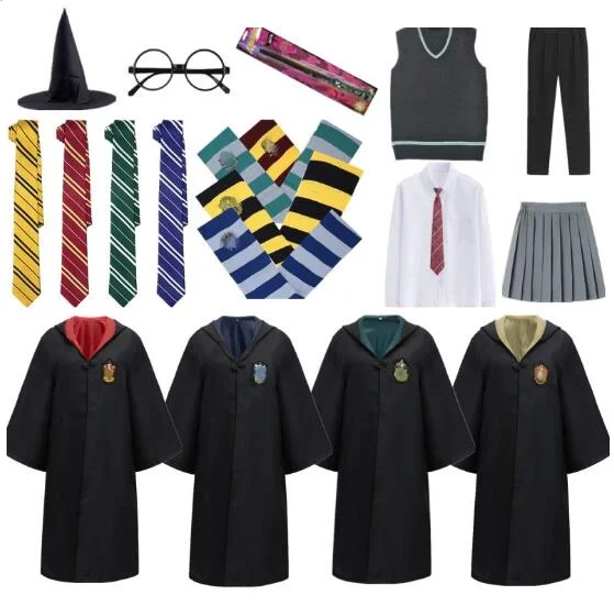 Potter kostuum gewaad mantel met stropdas sjaal toverstaf bril jurk rok trui Halloween kerstkostuum