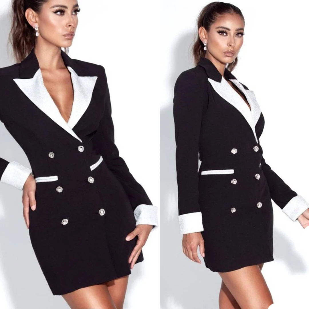 

Slim Fit Women Dresses Long Sleeve Double Breasted Patchwork Blazer Skirt Daily Casual Party Wedding Gown For Young Girl