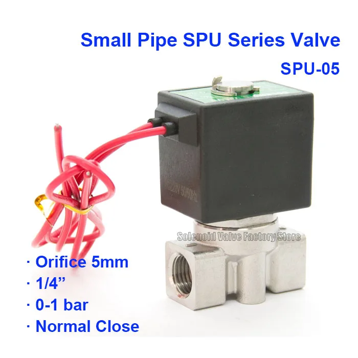 

Normal Close 2 Way Pneumatic Stainless steel Water Solenoid Valve SPU-05 0-1bar Orifice 5mm DC12V BSP Port G1/4"