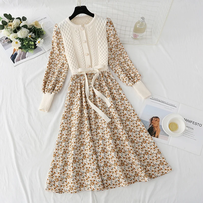 

2021 Korean Autumn Vintage Dress Women Crewneck Long Sleeve Patchwork Pullover Buttons Bandage Knitting Floral Print Vestidos