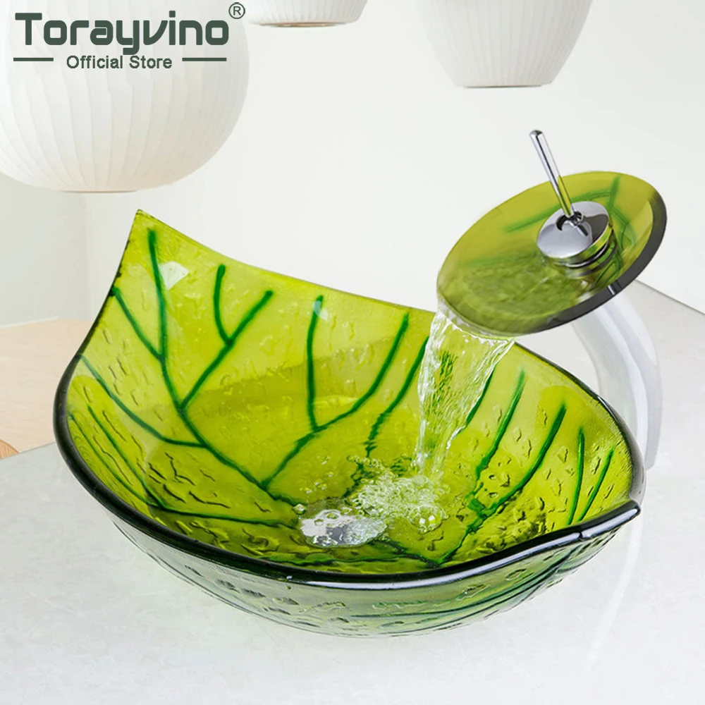 Torayvino Tempered Glass Hand Painted Green Leaf Shape Waterfall Bathroom Faucet Basin Sink With Pop-up Drain Mixer Tap Set