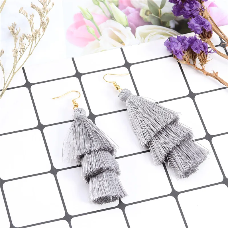 2020 3 Layered Bohemian Fransen Luxus Erklärung Quaste Ohrringe 2020 Boho Mode Schmuck Frauen Lange Tropfen Baumeln Ohrringe – Detail 6
