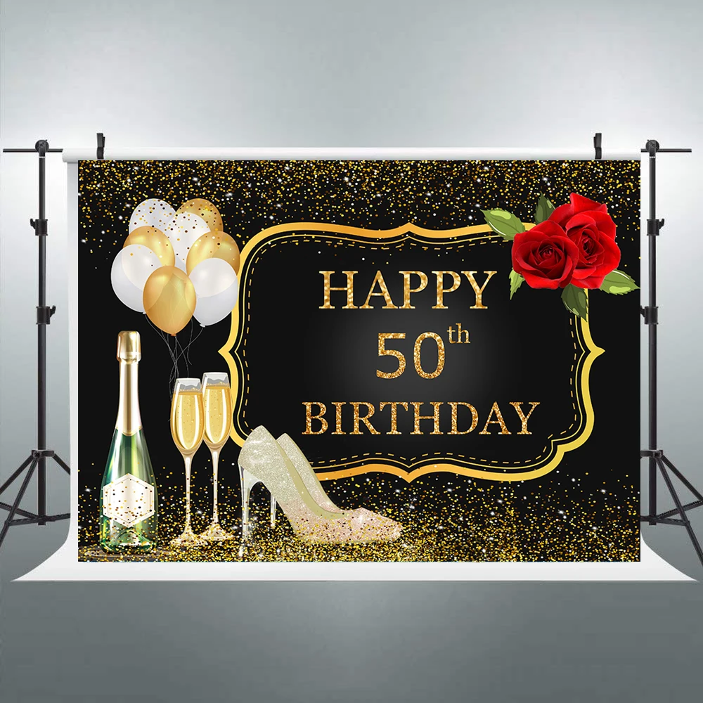 Fondo fotográfico de fiesta para mujer, telón de fondo de 50 cumpleaños, globo dorado, rosa, zapatos de tacón alto, champán, purpurina de lujo