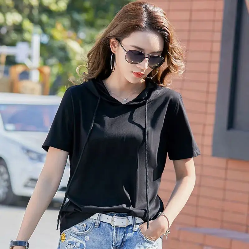 Hooded T-shirts Women 2021 Summer Solid Basic Short Sleeve Cotton Tshirt Famale Tee Top Ladies T Shirt Sexy Trending Shirts Girl