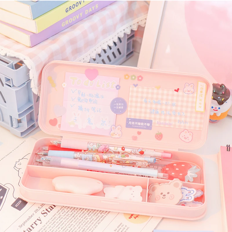 Kawaii Transparent Pencil Box Women Cartoon Rabbit Bear Laege Capacity Cute School Pen Holder Pencils Pouch Stationery MO434