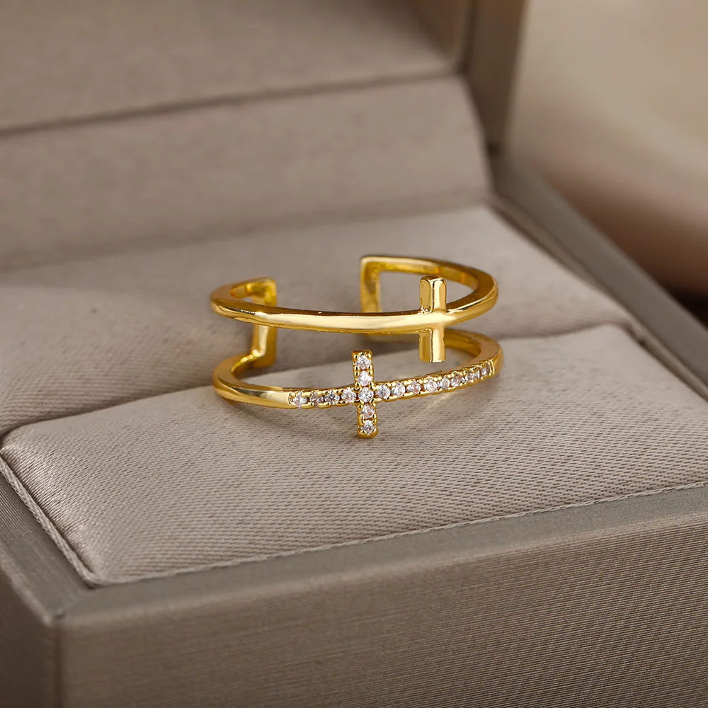 

Korean Style Double Cross Rings For Women Stainless Steel Cubic Zirconia Finger Gold Color Ring Vintage Jesus Engagement Jewelry