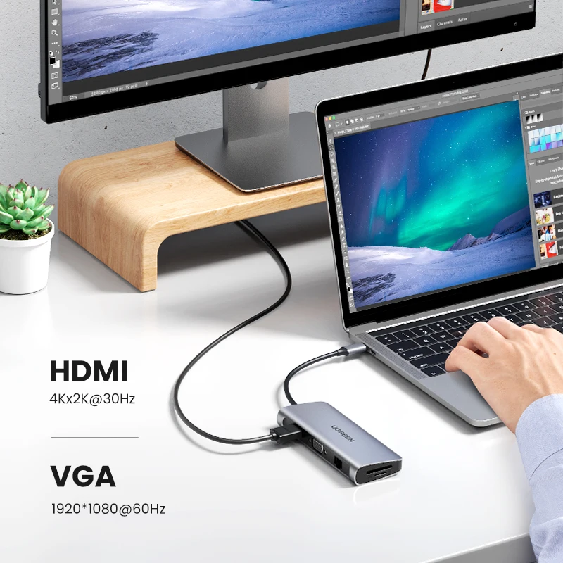 UGREEN HUB USB C 10 In 1 USB Type C To HDMI 4K USB 3.0 VGA PD 3.5Mm đầy Đủ Chức Năng Trung Tâm Cho MacBook/Pro/Air iPad Pro HUB USB C