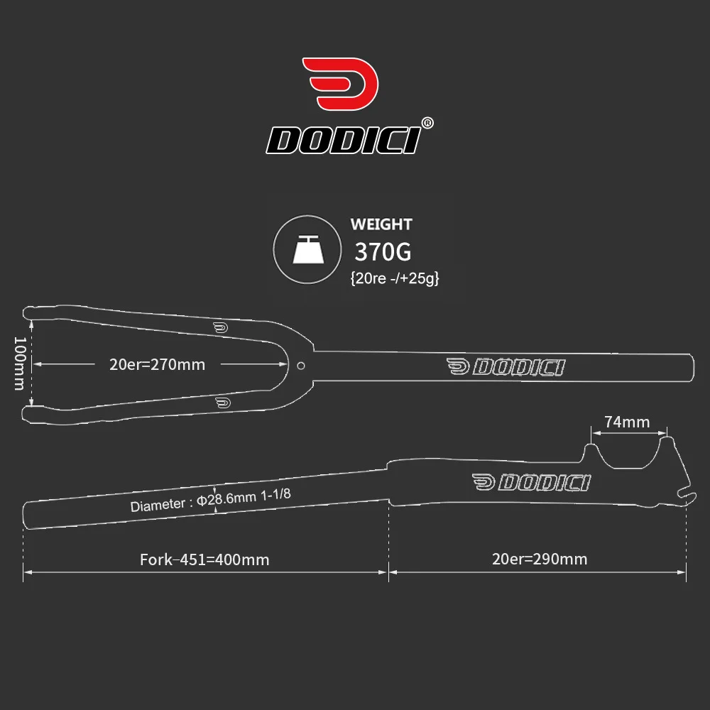 DODICI Folding Bike Carbon Fiber Front Fork 20 Inch Disc Brake Fork BMX Opening 74/100MM Fork 28.6mm Bicycle Accessories