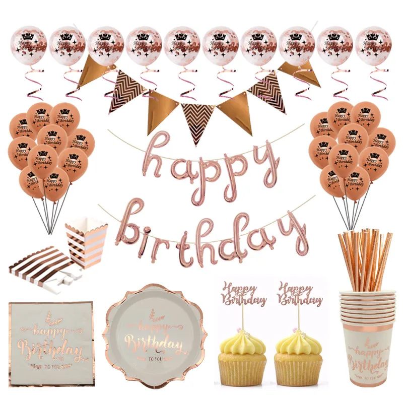 

Chicinlife Rosegold Happy Birthday Disposable Tableware Banner Cupcake Toppers Balloons Kids Adult Birthday Party Decor Supplies