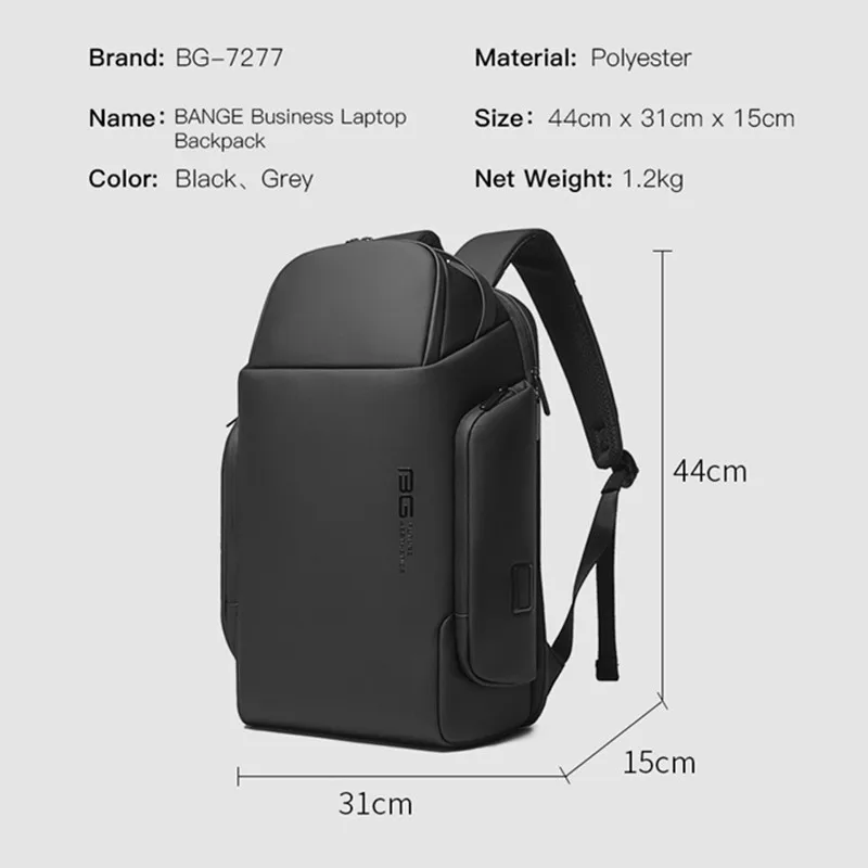 Bange USB Carregamento impermeável Laptop Mochila, Casual Oxford Male Business Bag, 15,6 \