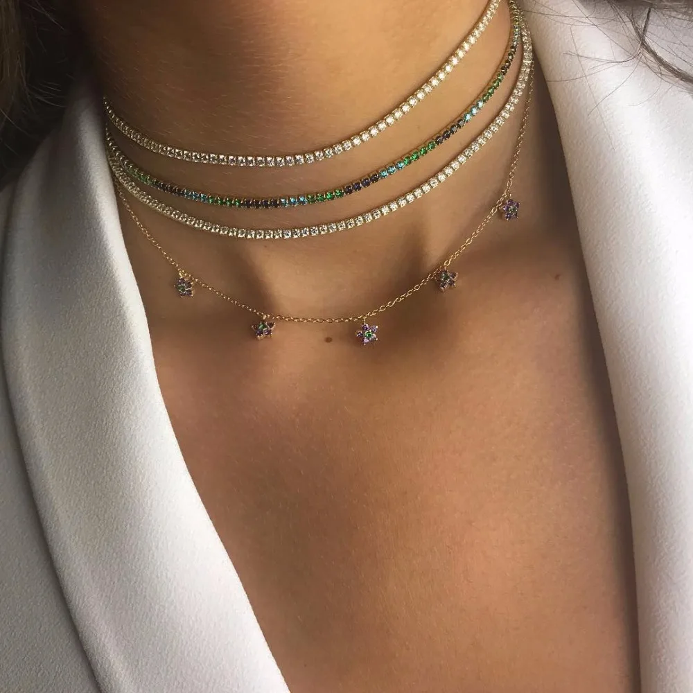 Classic Multicolour Thin Chain Choker Necklace Paved Bling CZ Cubic Zirconia Shiny Luxury Fashion Women Jewelry