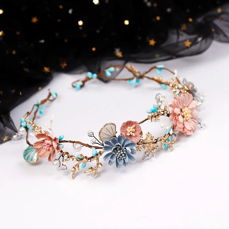 Luxury Blue Pink Flower Crystal Headbands Handmade Beads Baroque Flowers Garland Circular Hoop Crowns Bridal Wedding Accessories