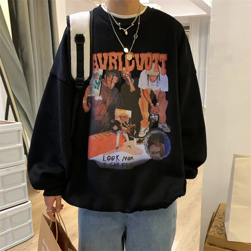 

Vintage America Men O-neck Sweater Hip Hop Rapper Printed Letter Fashion Long Sleeve All-match Young Street Casual Men Pullovers