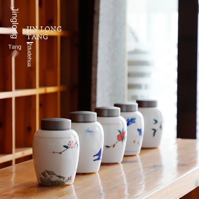 

Hand-Painted Ceramic Whiteware Tea Containers Tin Cover Sealed Storage Jar Household Moisture-Proof Tea Warehouse Tea Storage