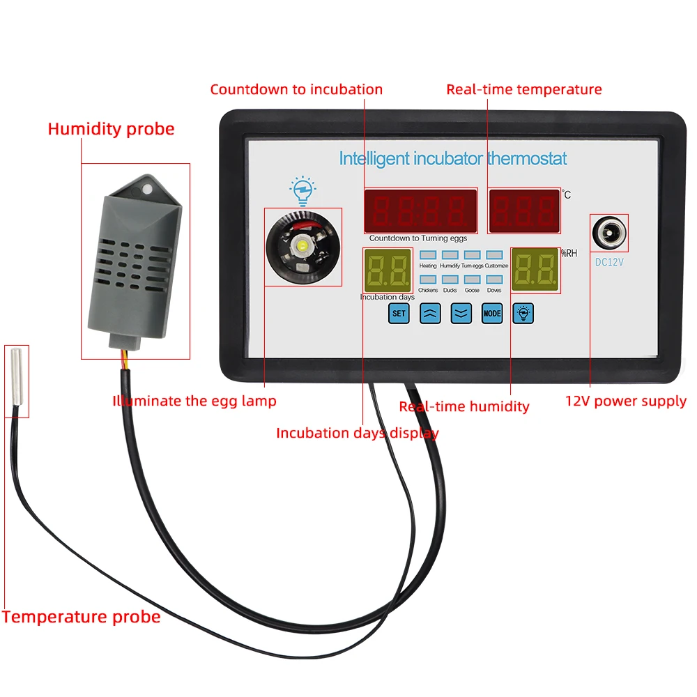 Intelligent Incubator Thermostat Digital Thermometer Humidity Controller LED Cold Light Real-Time Hatch Record With Sensor 12V