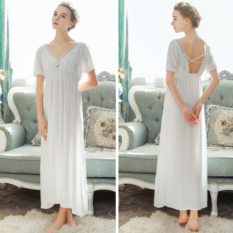 Vintage Lace Peignoir Nightgown Women Cotton Sexy V Neck Nighty Victorian Long Night Dress Fairy Sleepwear Lady Lounge Nightwear