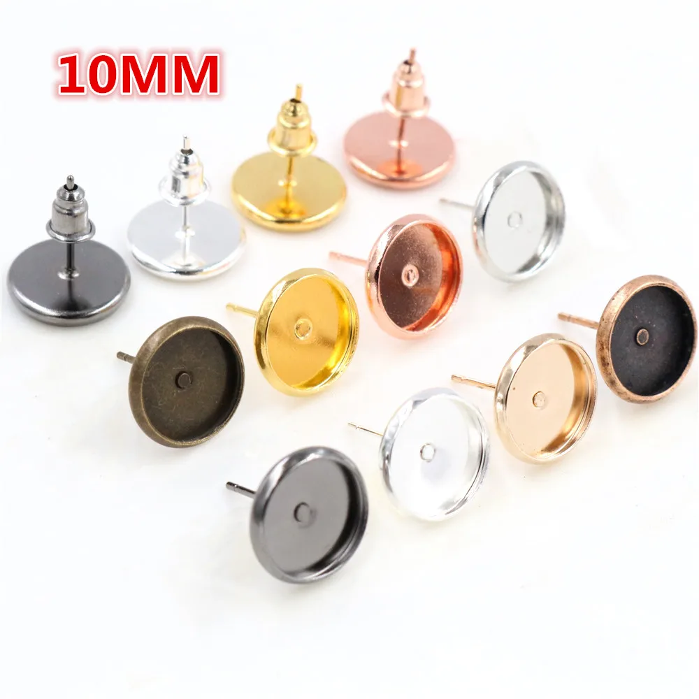 

8/10/12mm 50pcs/Lot 8 Colors Plated High Quality Stainless Iron Earring Studs(with Ear plug) Base,Fit 10mm Glass Cabochons