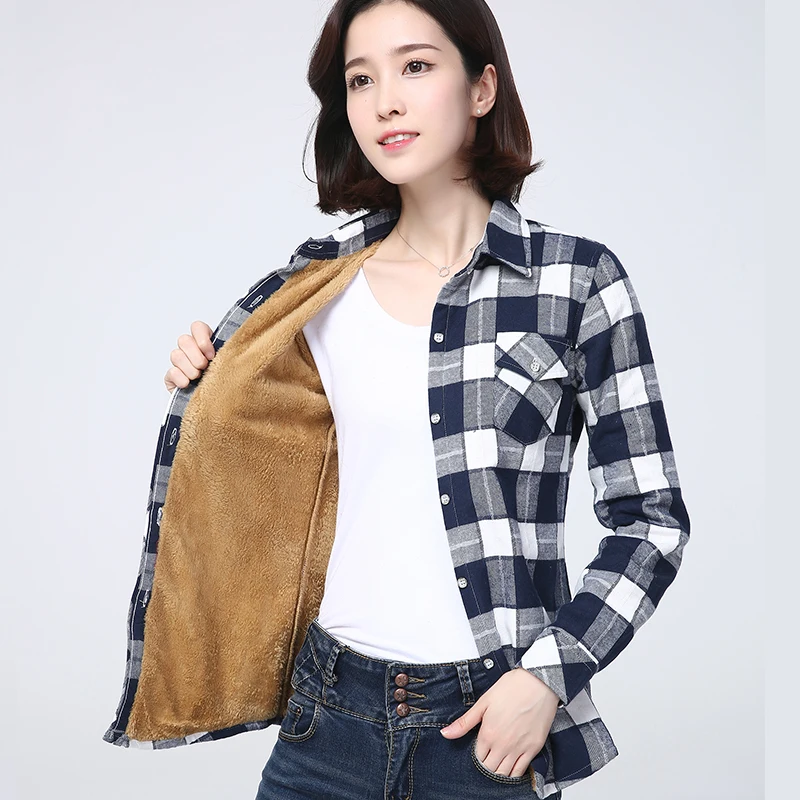 2022 Winter Warm Plaid Coat Women Plus Velvet Thicke Shirt Style Jacket Brand Casual Woman Fleece Tops Female Clothes Outerwear