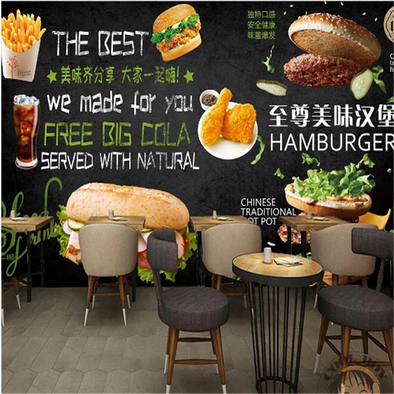 Custom text Burgers Fried Fast Food Wall Paper 3D Snack Bar Fast Food Restaurant Industrial Decor Black Background Wallpaper 3D