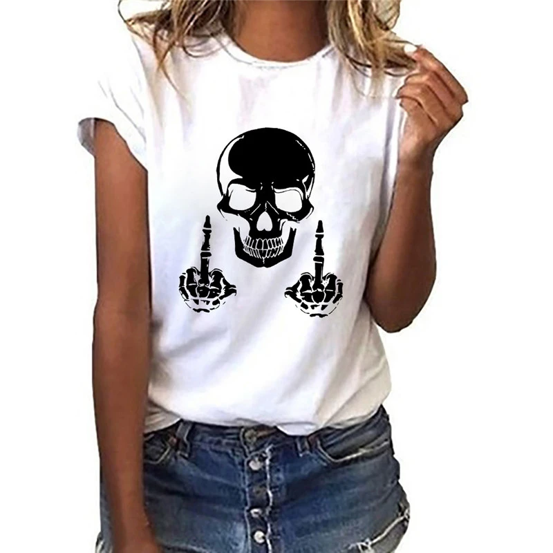 Women t shirt 2022 Summer Skull Middle Finger harajuku Print ladies Tshirts Short Sleeve Casual Streetwear Tee Shirt femme