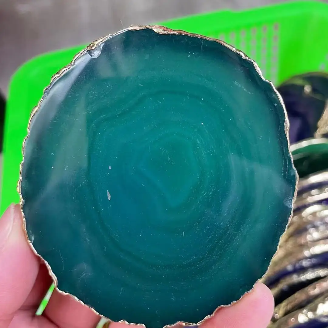 Natural agate wafer insulated coasters crystal green board jade agate coasters with gold-plated lace mineral decor