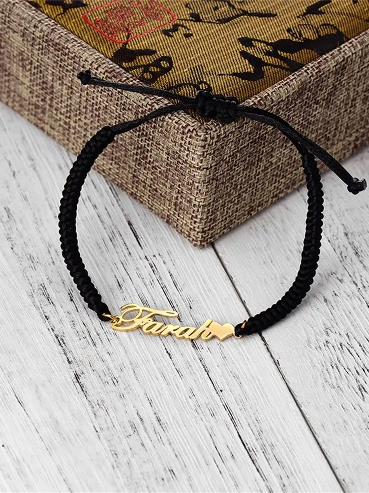 Tangula Customized Name Bracelet Nylon Cord Adjustable Stainless Steel Nameplate Bracelet Couple Personality Jewelry Best Gift