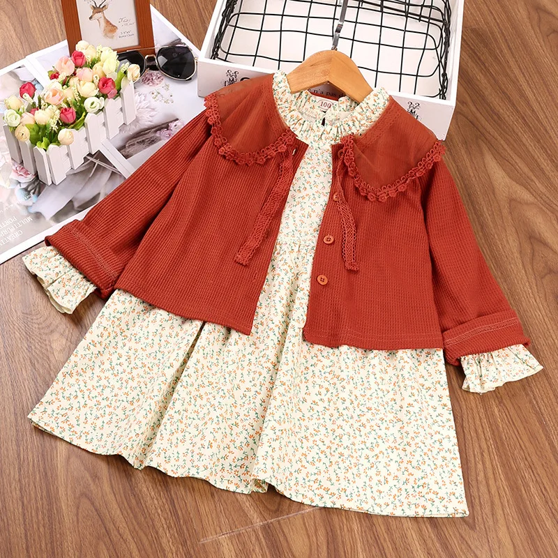 

2pcs Cute Floral Dress Sets for Girl Spring Autumn Peter Pan Collar Single Breasted Orange Coat+Long Sleeve Printed A-Line Dress