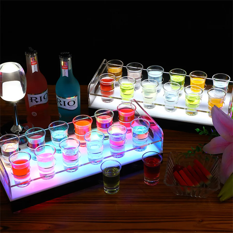 

RGB Rechargeable Acrylic Cocktail Lighted 6/12 Glasses Rack Serving Holder Wine Display Stand LED VIP Shot Glass Service Tray